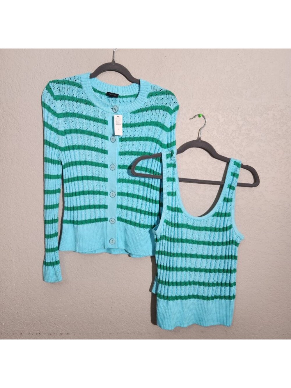 Talbots Sweater Ribbed Knit Cardigan & Tank Top Set Blue/Green Striped M